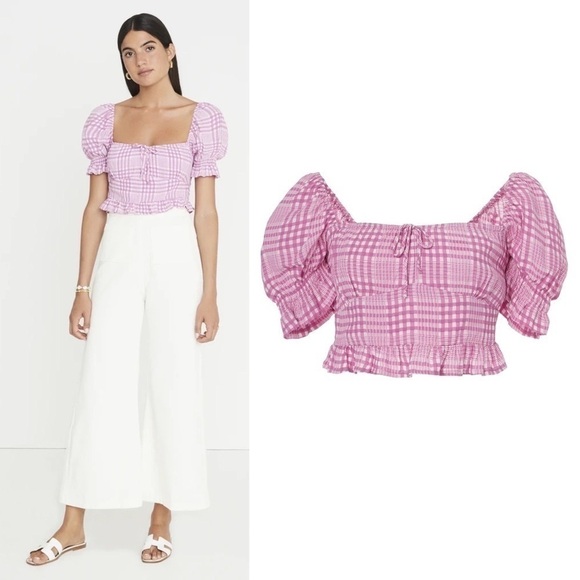 Faithfull Top Vaneda Cropped Plaid Ruffle Shirred Djerra Check Iris 6 M NWT - Picture 13 of 13